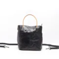 Borsa a secchiello in vera pelle nera retro borsa a tracolla donna elegante borsetta casual. - Pelle martellata nera