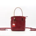 Red leather bucket bag with top handle and strap, vintage style handbag variant for women. - Burgundy