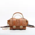 Borsa a mano da donna in vera pelle stampata vintage, elegante borsa a tracolla marrone. - Marrone chiaro 1