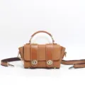 Vintage brown genuine leather handbag with embossed pattern, top handle and crossbody strap. - Light Brown 4