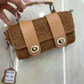 Genuine leather embossed handbag retro shoulder crossbody bag with metal turnlocks for women - Earthy Yellow