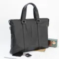 Business men's leather briefcase, stylish commuter laptop shoulder bag for office work. - Black