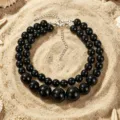 Collana di perle in resina nera a doppio strato stile vintage catena di clavicola estiva - Nero