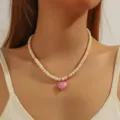 Collier de perles minimaliste tendance avec pendentif cœur rose pour femme, beau bijou. - Blanc Rose
