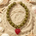 Bohemian olive green acrylic beaded necklace with red heart pendant for women beach jewelry - Olive Green