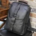 Men's black vintage PU leather backpack with tactical buckle and large capacity for daily use - Black