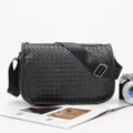 Men's black woven leather messenger bag, stylish casual crossbody single shoulder bag. - Woven Black