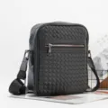 Men black woven leather messenger bag stylish casual crossbody shoulder bag for daily use. - Black