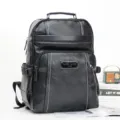 Black leather backpack for men, large capacity laptop bag and stylish travel school rucksack. - Black