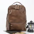 Men vintage retro leather backpack large capacity casual travel school laptop book bag - Brown