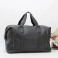 Men's large capacity leather travel duffel bag, casual gym sports shoulder luggage bag. - Black