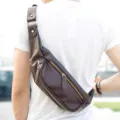 Men brown PU leather sling chest bag, casual cross body waist pack for outdoor travel. - 5 Inch / Coffee