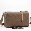 Premium thick soft leather shoulder bag and large capacity casual crossbody gym bag main view. - Brown