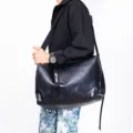 Large capacity black soft leather shoulder bag, casual crossbody bag for men and women stylish. - Black