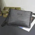 Men's black leather clutch bag large capacity envelope wrist bag with card slots casual style. - Black