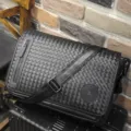 Black woven leather messenger bag for men, large capacity vintage shoulder crossbody bag. - Woven Black