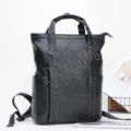 Men's Multifunctional Black PU Leather Business Backpack Convertible Vertical Handbag Laptop - Black
