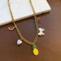 Gold titanium steel necklace featuring cute enamel fruit and bow charms for women and girls. - Pineapple Necklace (04-E24) / Gold
