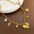 Gold Stainless Steel Multi Charm Necklace with Pearl and Bow Pendant Variant Style - Bowknot Necklace (03-E25) / Gold