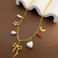 Trendy titanium steel gold necklace with multi-charms DIY pearl bow pendant for women daily wear. - Bowknot Necklace (03-E24) / Gold
