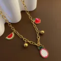 Gold titanium steel necklace with creative colorful fruit enamel pendants, chic jewelry style. - Dragon Fruit Necklace (05-E27) / Gold