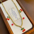 Gold titanium steel cherry pendant necklace, cute red enamel fruit clavicle chain jewelry. - Cherry Necklace (05-E26) / Gold