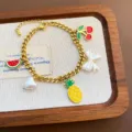 Gold titanium steel bracelet with cute fruit and bow charms for women stylish jewelry - Pineapple Bracelet (07-E21) / Gold