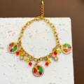 Gold titanium steel chain necklace with colorful enamel citrus slice charms and crystal beads SKU - Orange Bracelet (07-E20) / Gold
