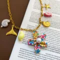 Ocean style titanium steel multi-charm necklace with shell and pearl pendants for women. - Colorful Flower Necklace (04-E27) / Gold