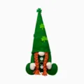 St. Patrick's Day green gnome plush toy with shamrock hat and braided pigtails for holiday. - Pointed Hat