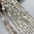 Close-up detail of natural mother-of-pearl flat round shell beads strands for DIY jewelry making. - Round Disc: 20mm Domed Surface / Freshwater Shell: Iridescent Finish