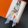 French style twill silk skinny scarf floral geometric print elegant neck and bag ribbon accessory - C347-1