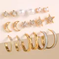Gold stud and hoop earring set featuring stars, pearls, and rhinestones for daily chic style. - Gold Set