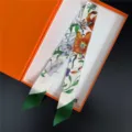 French style twill skinny silk scarf with floral print and green ends, elegant bag ribbon. - C347-3