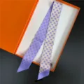 French twill narrow silk scarf for women, purple beige heart print, chic hair band and bag decor. - C347-4