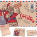 Vintage kraft paper Christmas greeting card with envelope and Santa Claus design - Santa with Backpack / 1 Greeting Card + 1 Envelope