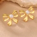 Goldener Schleife Perle Ohrstecker Modischer Legierung Geometrischer Metall Schmuck Damen - Perlen Schleife Ohrstecker (ES0010zhenzhu)