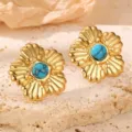 Goldene Blumen-Ohrstecker mit blauem Türkis-Stein, eleganter Edelstahlschmuck für Damen. - Blume Türkis Ohrstecker (ES0011huaduo)