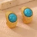 Vintage strukturierte goldene Ohrstecker mit Türkis Stein, elegante Designer Schmuck. - Strukturierte Blaue Türkisohrringe (ES0011lanse)