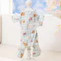 Close-up details of the cute blue plaid pet jumpsuit with small sleeves and lace bow. - 2XL / Blue Star