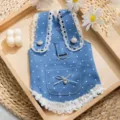 Blaues Jeans-Haustierkleid mit Punkten und Spitze für kleine Hunde süße Welpen Kleidung - S (Empfohlenes Gewicht 1,5-2,5 kg) / Blau Punktmuster Denim Kleid