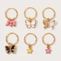 Goldene Haarringe Set mit süßen Schmetterling und Stern Anhänger für DIY Frisuren. - HZ0308 Stil (Goldene Ringe mit Rosa Perlen/Emaille-Schmetterling/Sternanhängern) / 6er Set