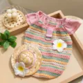 Bunte gestreifte Haustierweste mit rosa Rüschen und passendem Strohhut für kleine Hunde und Katzen. - S / Set / Rosa