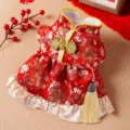 Red Chinese style pet winter warm dress for small dogs and cats, traditional brocade. - Deruo Red Tang Suit Pet Dress