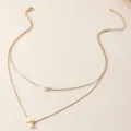 Doppelreihige goldene Halskette mit Perlenanhänger, Herz und Buchstabe L Charm für Damen. - Buchstabe L Stil (NZ2456-L) / Gold