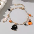 Dettaglio del bracciale con ciondoli di Halloween con scheletro, fantasma e zucca su catena. - Catena in Metallo Fantasma Scheletro (BZ2112)