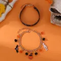 Halloween zucca pipistrello scheletro bracciale ciondolo set, gotico metallo pelle gioiello - Stile Ciondolo Scheletro Blu Scuro (BZ1906)