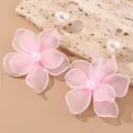 Elegant pink mesh flower earrings with faux pearl studs, chic floral statement jewelry for women. - Pink Flower Style (EZ5257) / Pink