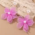 Pink mesh flower pearl stud earrings for women, sweet floral dangle fashion jewelry. - Purple Flower Style (EZ5257) / Purple