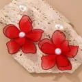 Red mesh flower earrings with pearl stud, double layer floral design elegant jewelry variant. - Red Flower Style (EZ5257) / Red